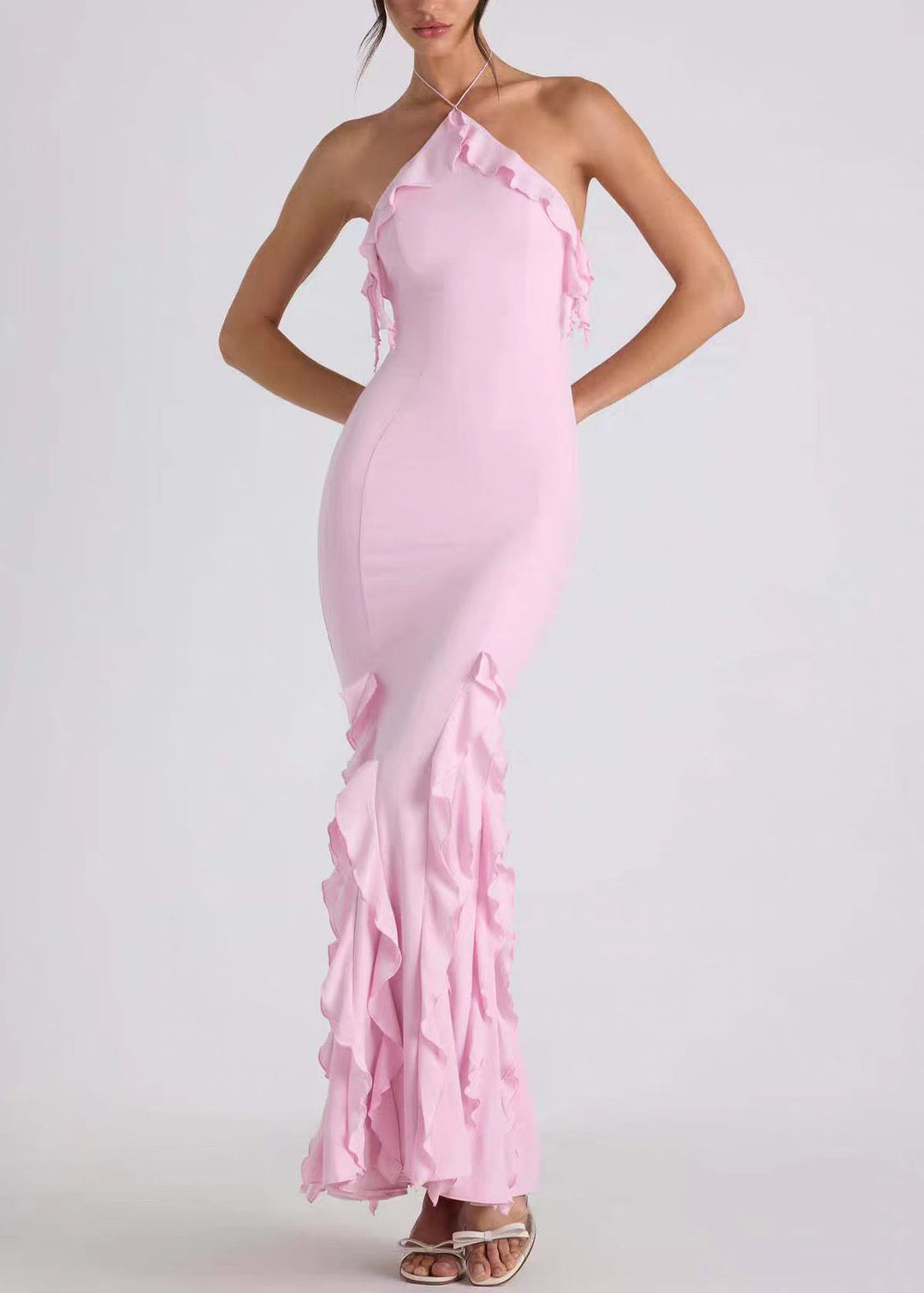 French Pink Halter Backless Ruffled Vacation Dresses Summer