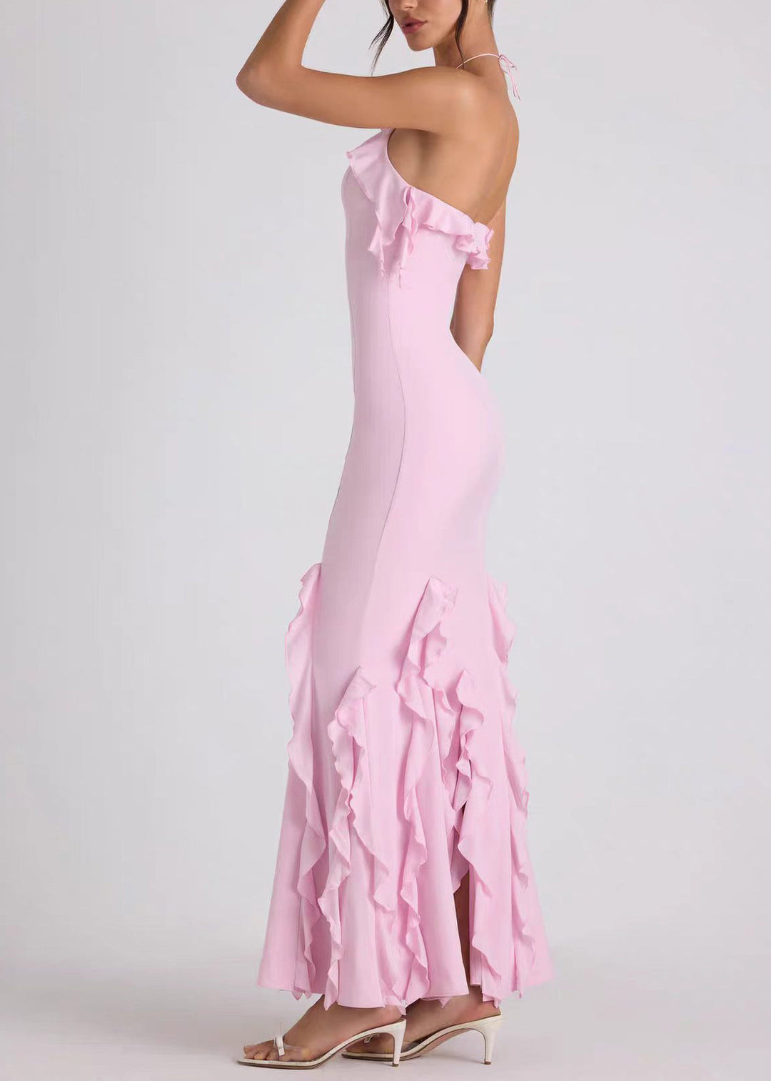 French Pink Halter Backless Ruffled Vacation Dresses Summer