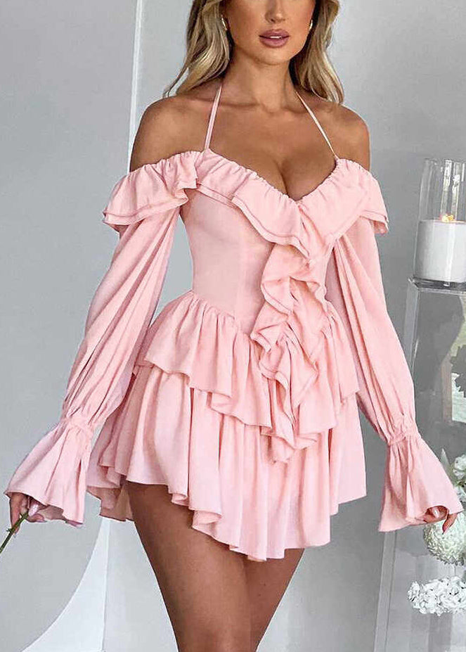 French Pink Halter Patchwork Mini Dresses Flare Sleeve