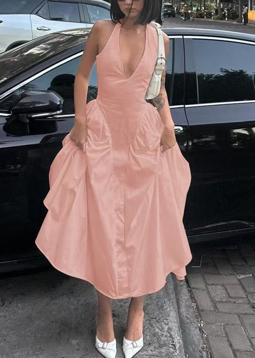 French Pink Halter V Neck Cotton Vacation Dresses Summer