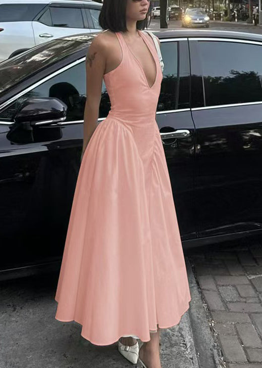French Pink Halter V Neck Cotton Vacation Dresses Summer