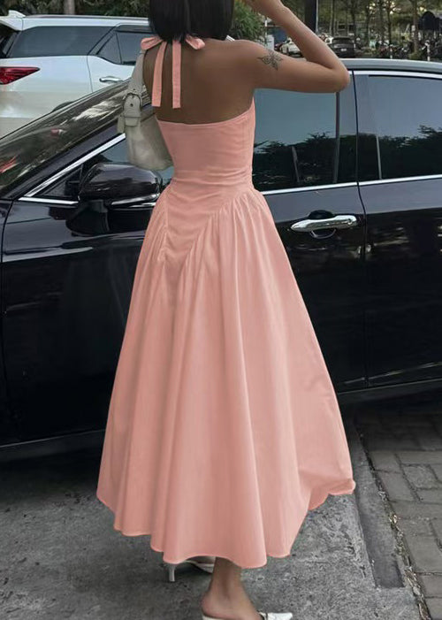 French Pink Halter V Neck Cotton Vacation Dresses Summer