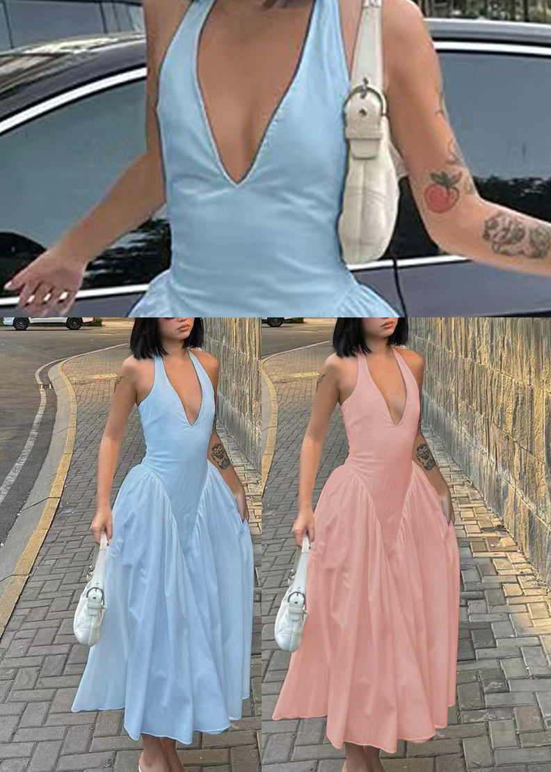 French Pink Halter V Neck Cotton Vacation Dresses Summer
