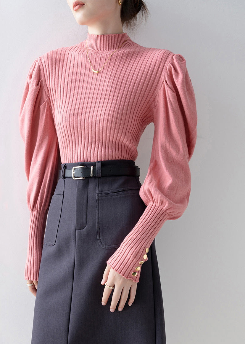 French Pink Hign Neck Patchwork Knit Sweaters Lantern Sleeve