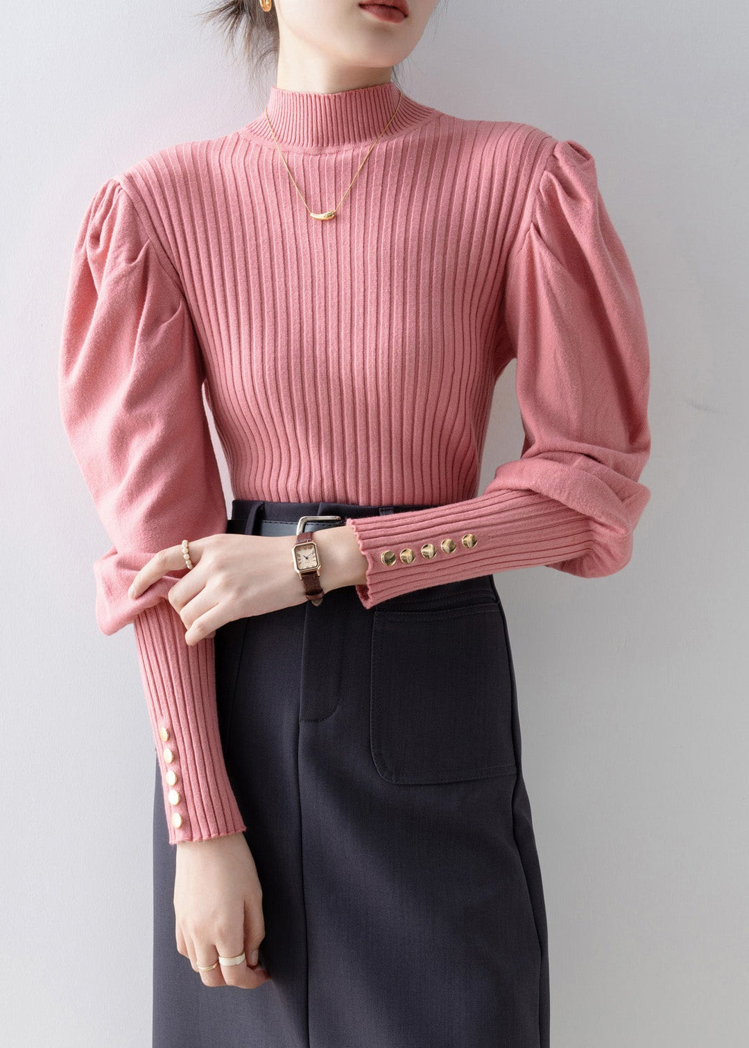 French Pink Hign Neck Patchwork Knit Sweaters Lantern Sleeve