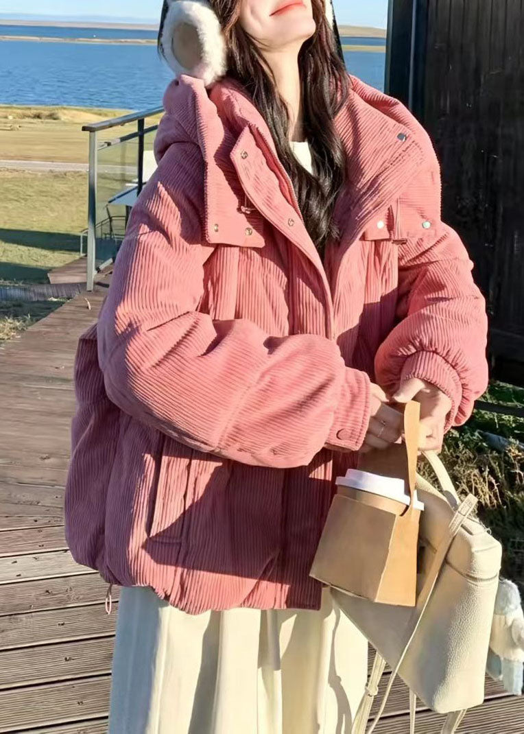 French Pink Hooded Corduroy Fine Cotton Filled Puffer Jacket Winter