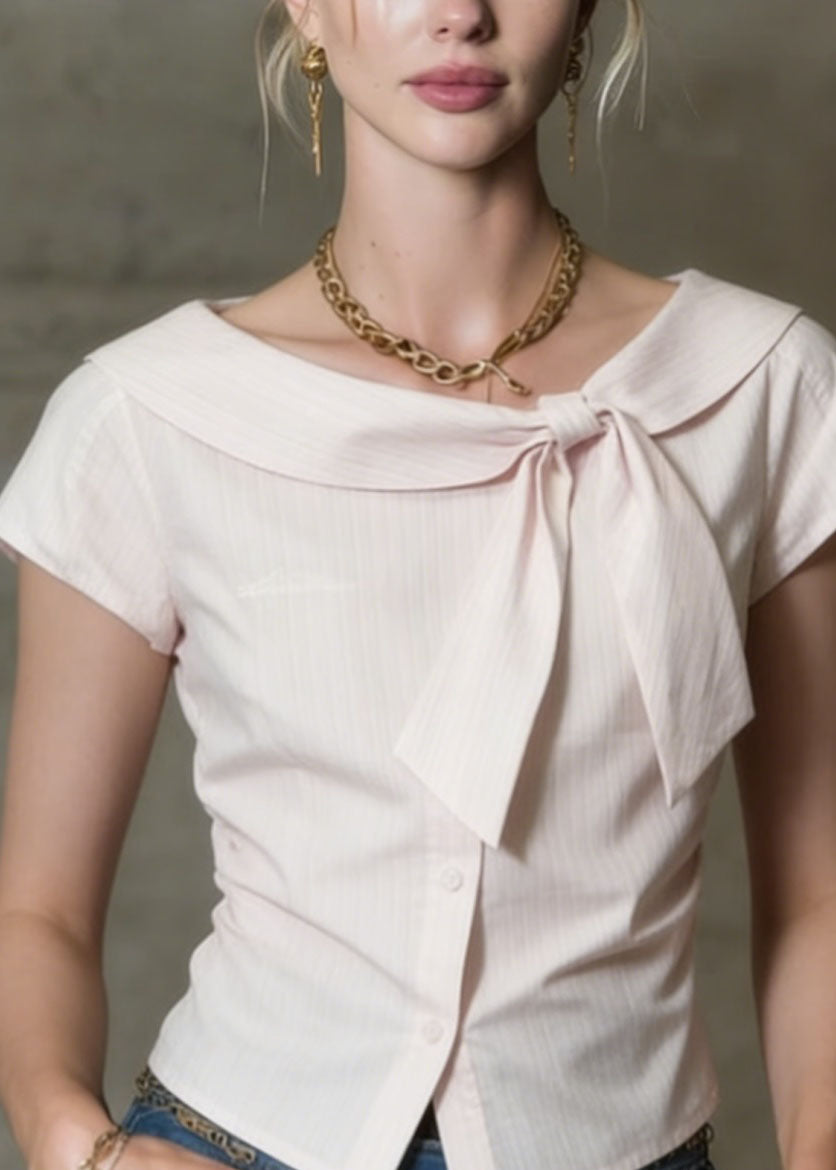 French Pink O Neck Bow Button Cotton Tops Summer
