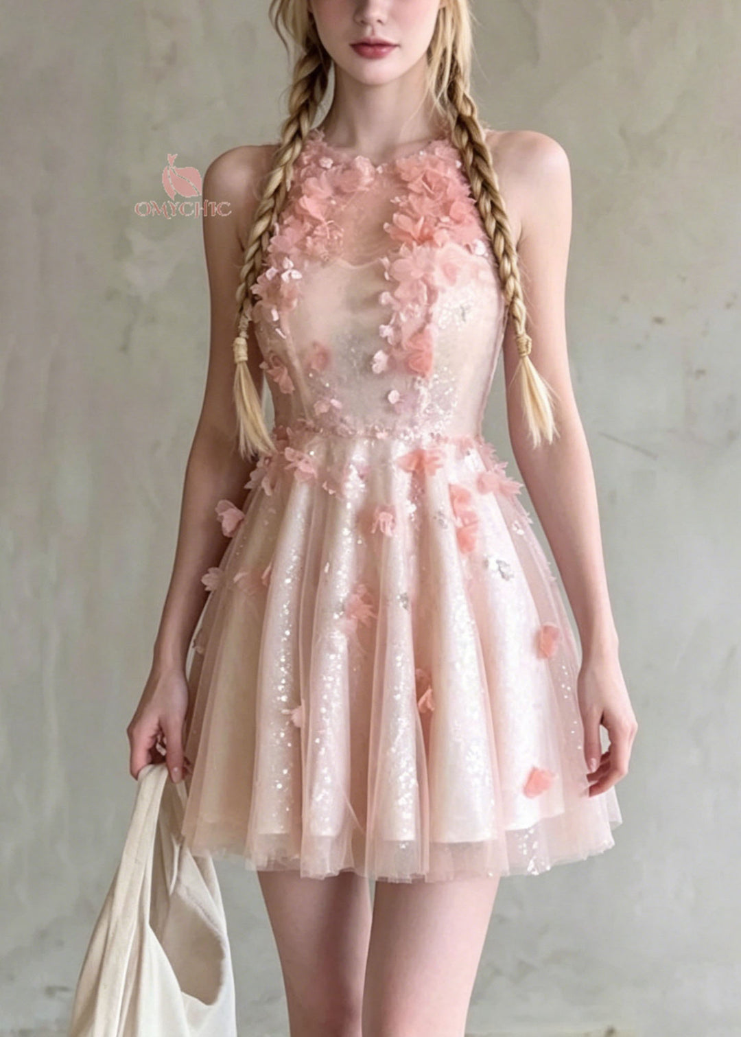 French Pink O Neck Floral Wrinkled Tulle Dress Summer