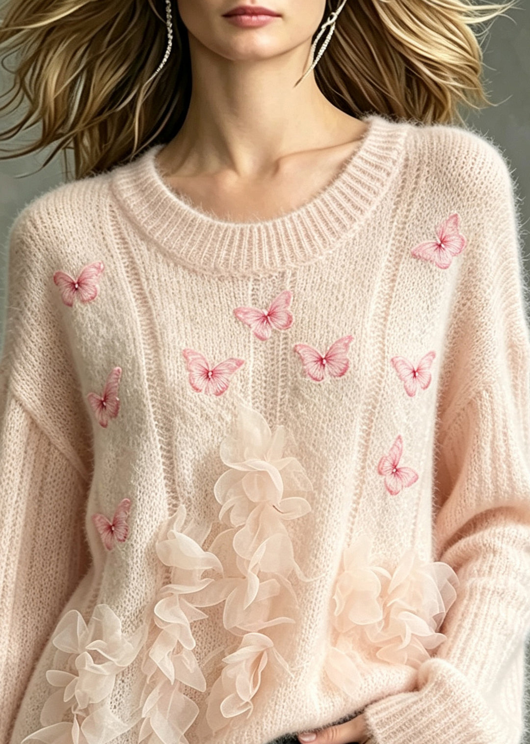 French Pink O-Neck Nail Bead Butterfly Floral Knit Sweater Fall