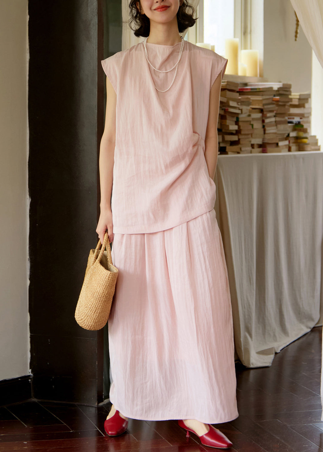 French Pink O Neck Tops And Pants Cotton Two Piece Set Summer