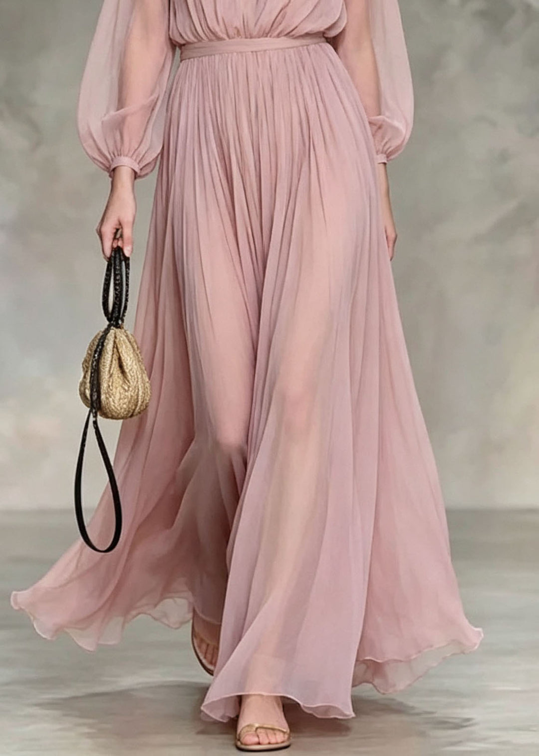 French Pink O Neck Wrinkled Chiffon Two Pieces Set Fall
