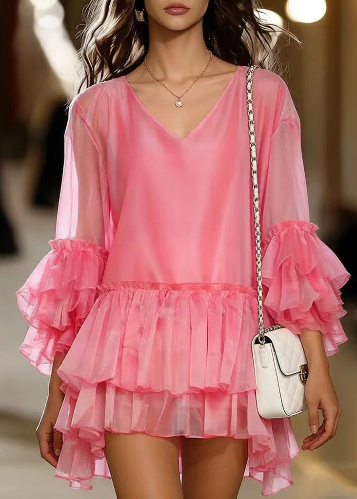 French Pink Oversized Chiffon Tea Dress Flare Sleeve