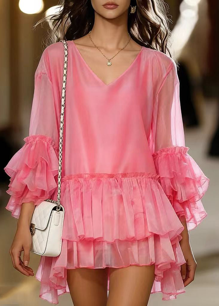 French Pink Oversized Chiffon Tea Dress Flare Sleeve