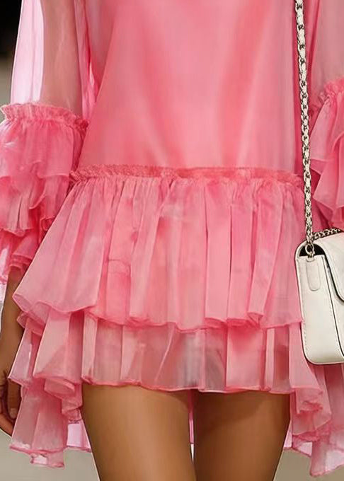 French Pink Oversized Chiffon Tea Dress Flare Sleeve