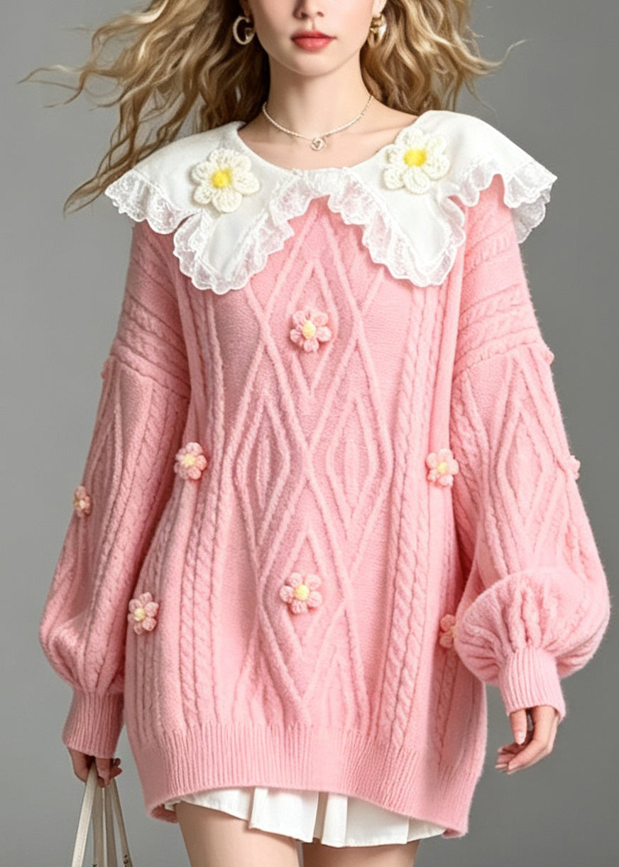 French Pink Peter Pan Collar Lace Patchwork Knit Sweaters Fall