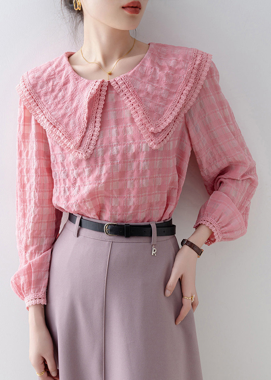 French Pink Peter Pan Collar Plaid Cotton Shirts Tops Spring