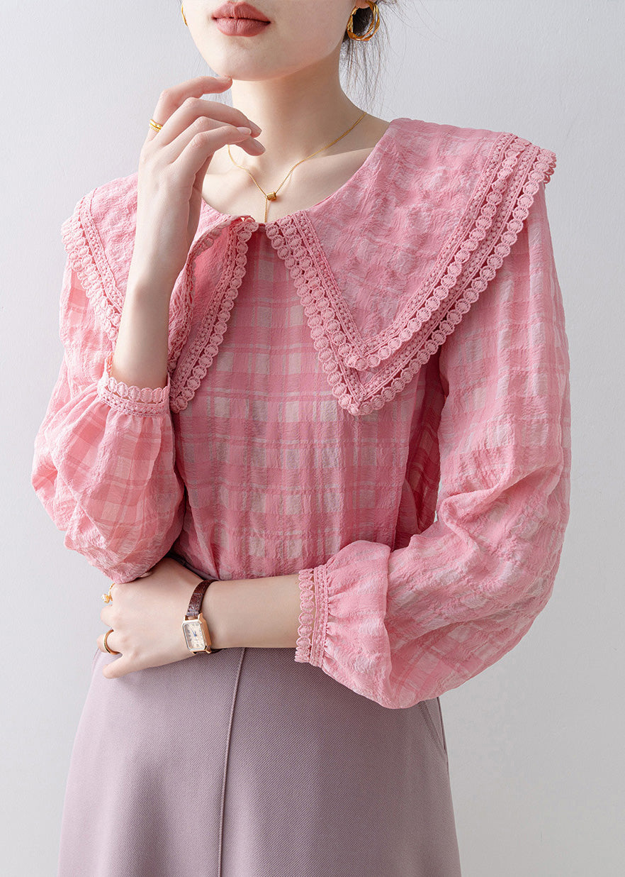 French Pink Peter Pan Collar Plaid Cotton Shirts Tops Spring