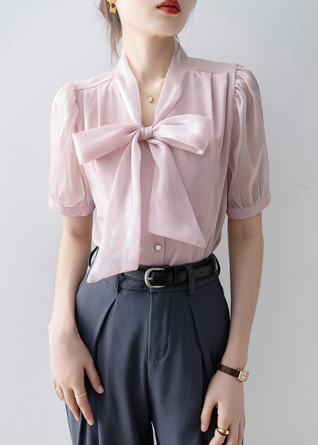 French Pink Print Lace Up Bow Chiffon Blouses Puff Sleeve