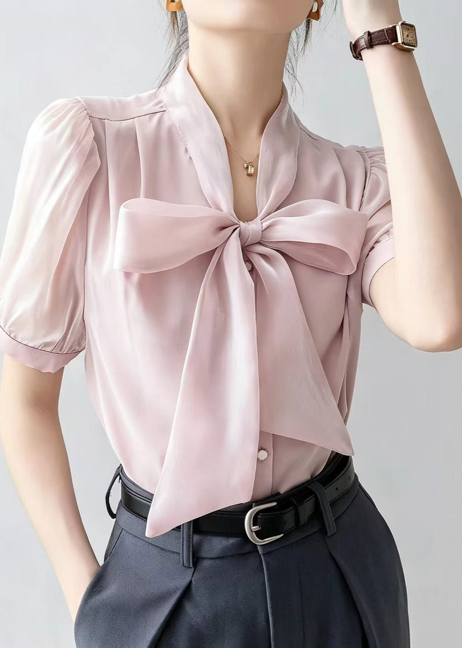 French Pink Print Lace Up Bow Chiffon Blouses Puff Sleeve