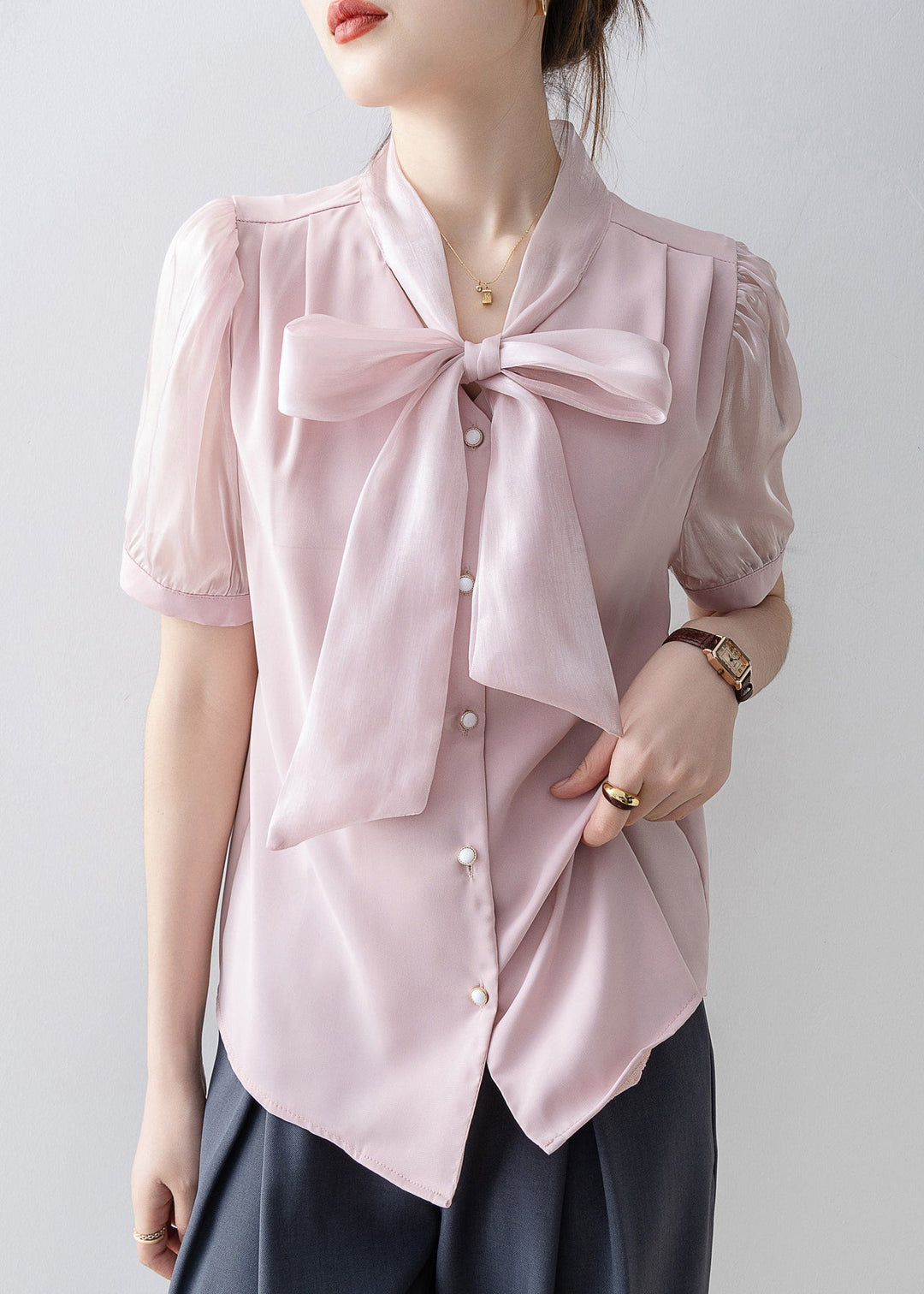 French Pink Print Lace Up Bow Chiffon Blouses Puff Sleeve
