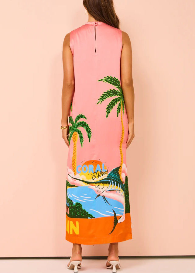 French Pink Print Side Open Silk Maxi Dresses Sleeveless