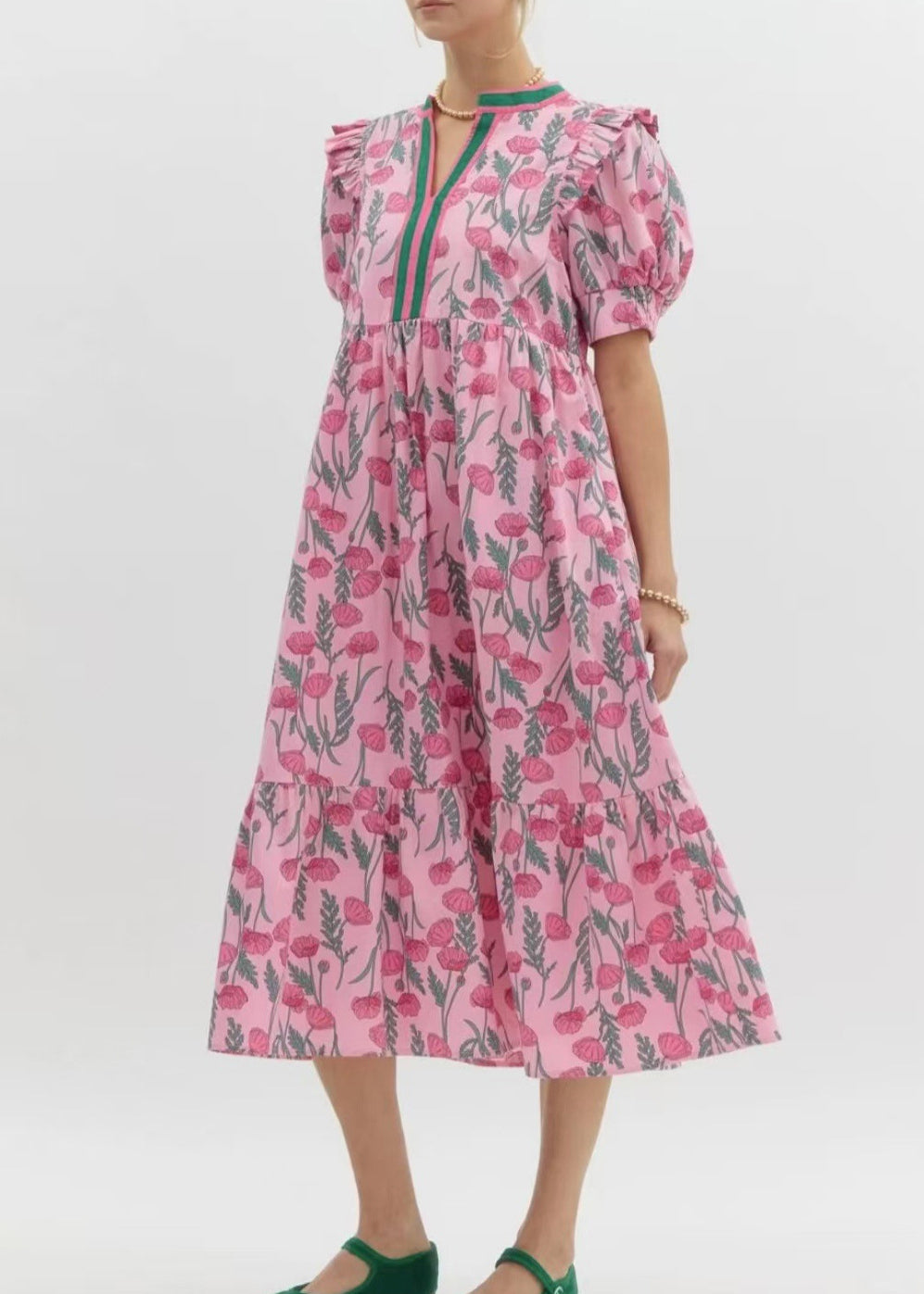 French Pink Puff Sleeve Ruffled Print Cotton Dress