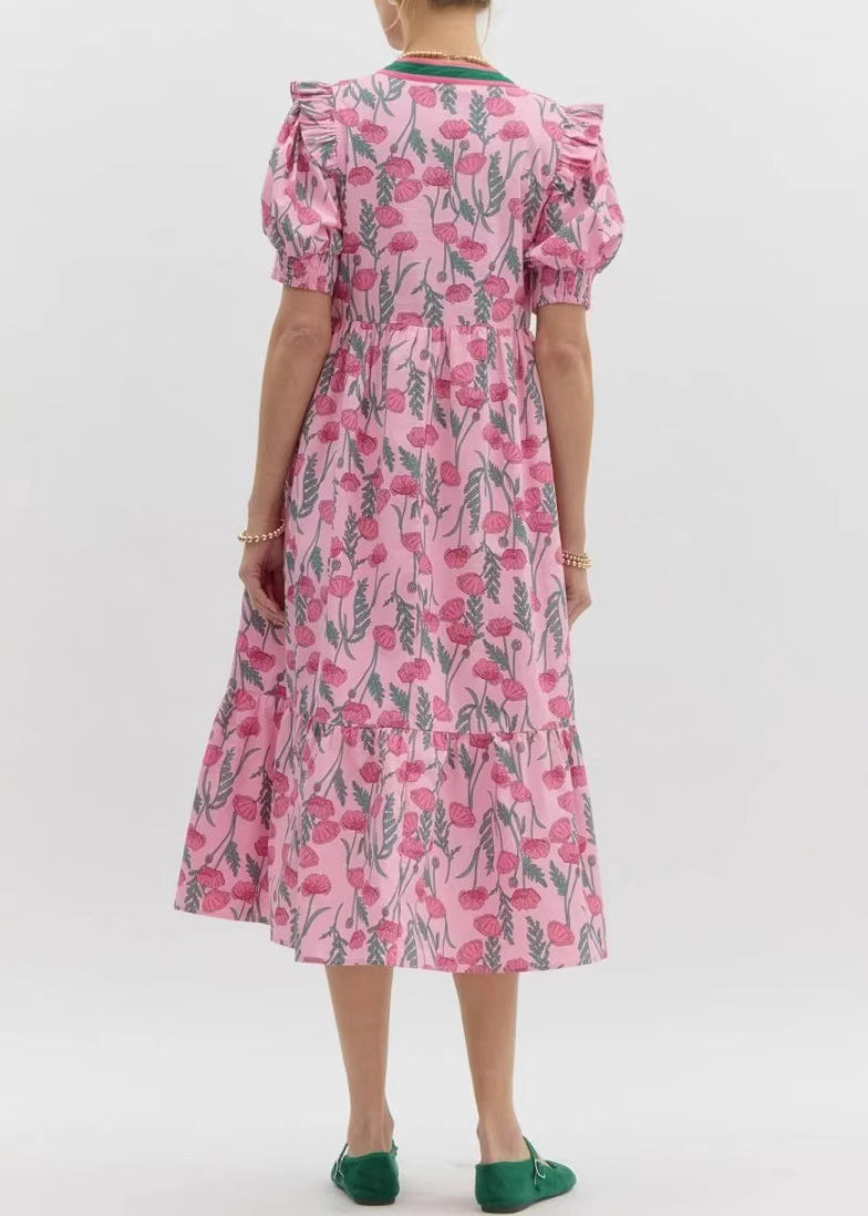 French Pink Puff Sleeve Ruffled Print Cotton Dress