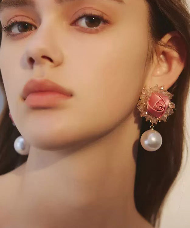 French Pink Rose Crystal Pearl Stud Earrings