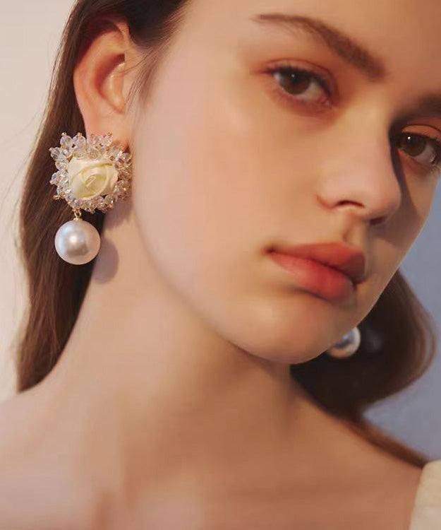 French Pink Rose Crystal Pearl Stud Earrings
