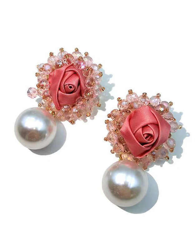 French Pink Rose Crystal Pearl Stud Earrings