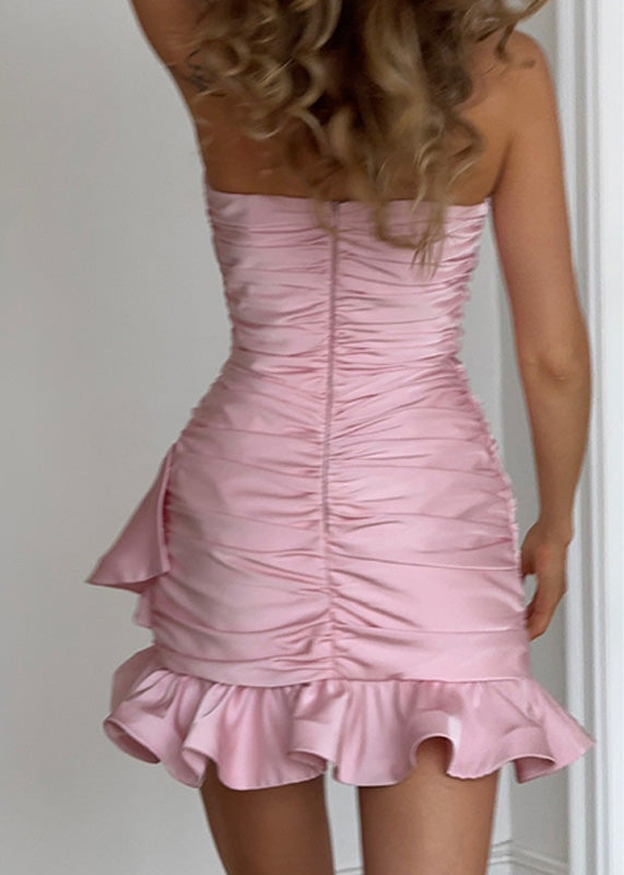 French Pink Ruffled Asymmetrical Patchwork Cotton Strapless Dress Summer