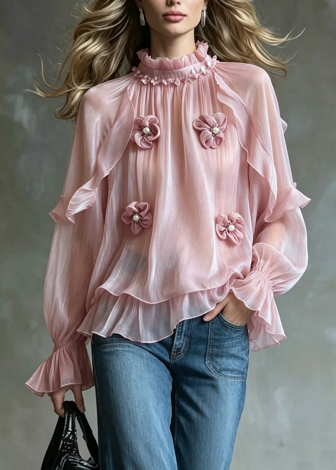 French Pink Ruffled Floral Nail Bead Patchwork Chiffon Tops Fall