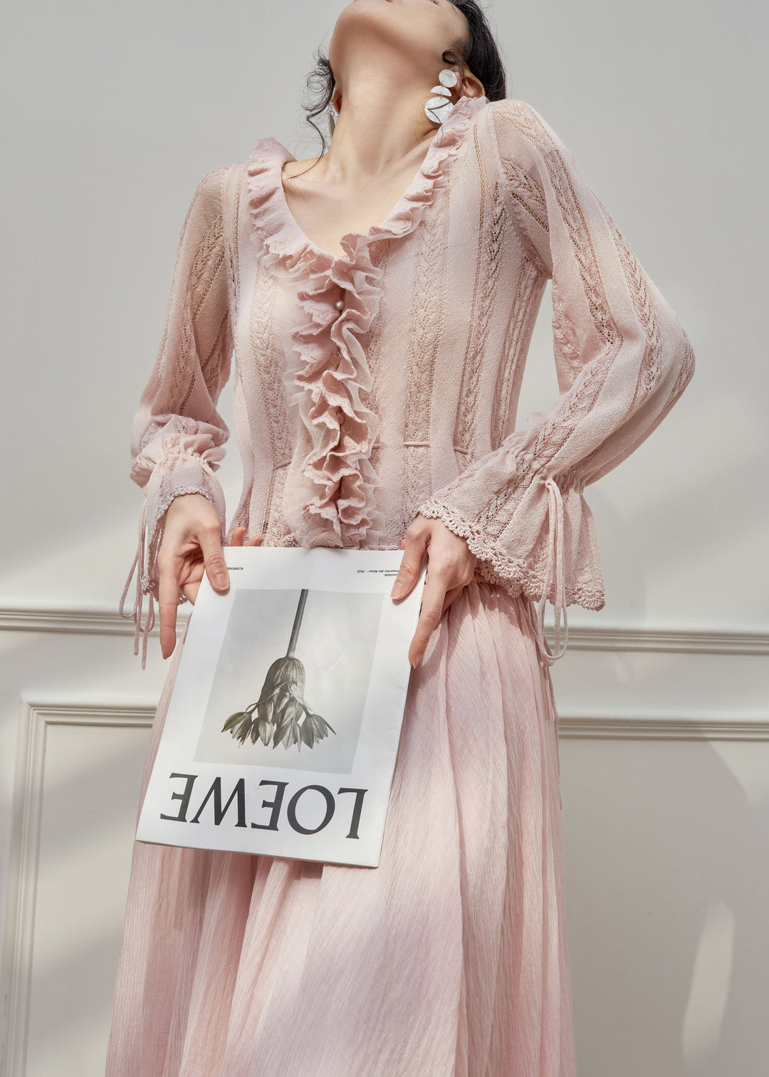French Pink Ruffled Hollow Out Patchwork Knit Top Flare Sleeve