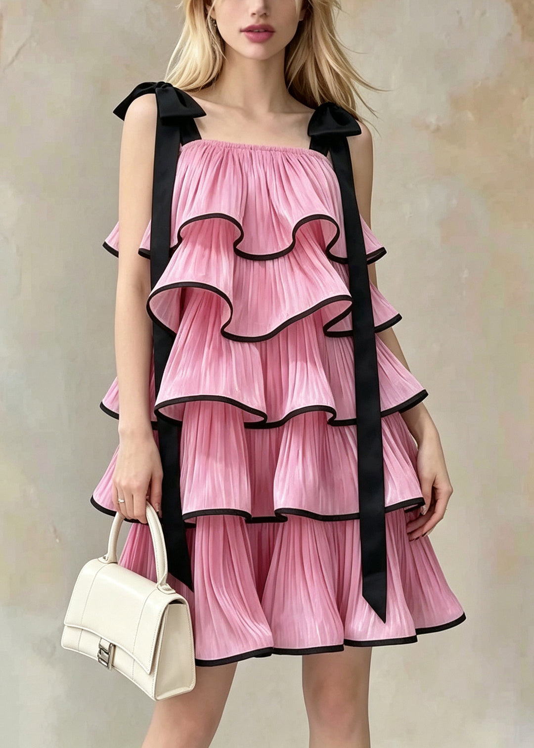 French Pink Ruffled Layered Chiffon Mini Dresses Summer