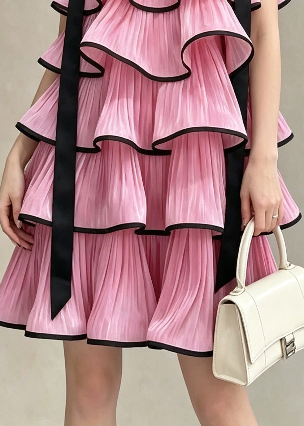 French Pink Ruffled Layered Chiffon Mini Dresses Summer