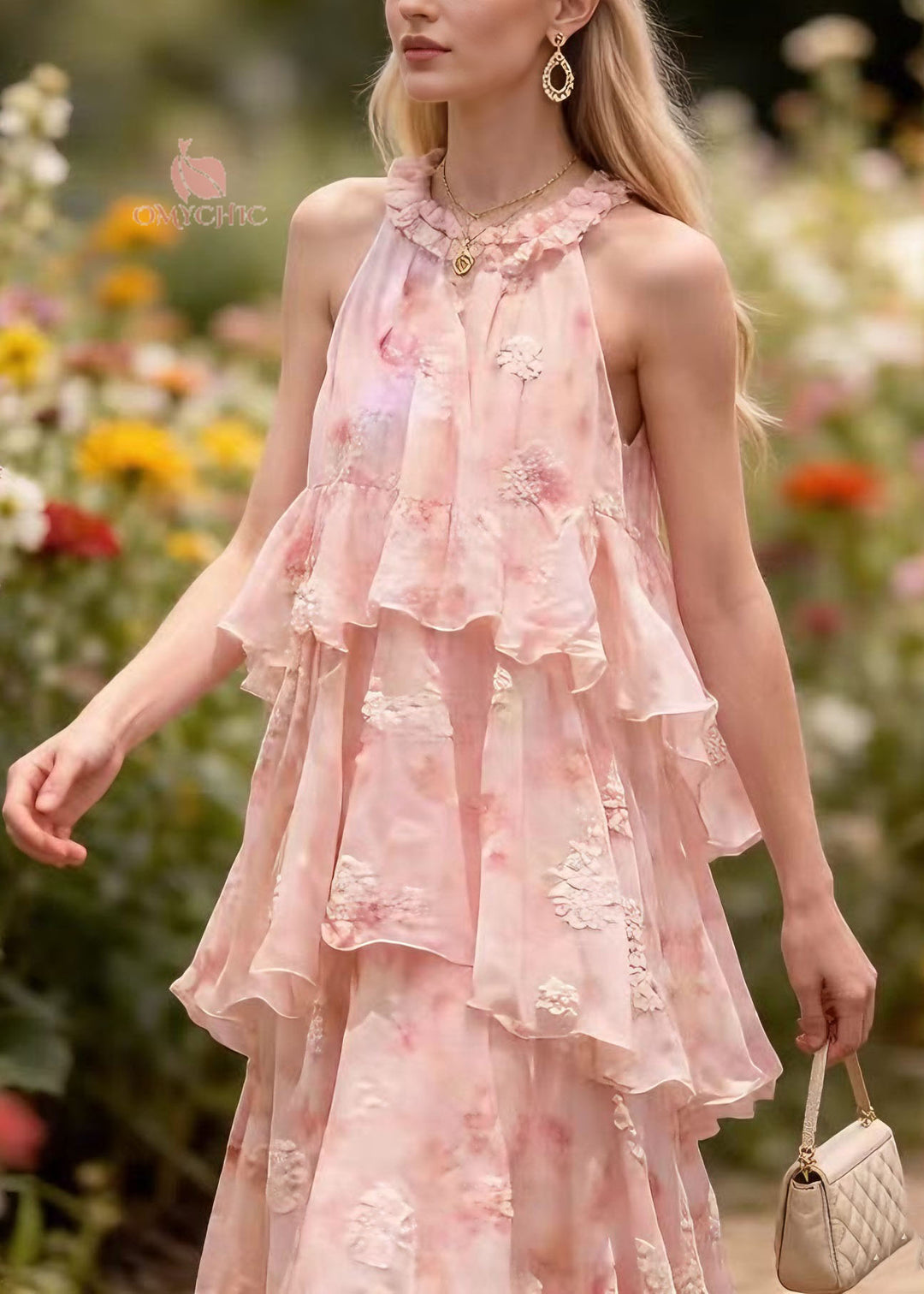 French Pink Ruffled Patchwork Chiffon Maxi Dresses Summer