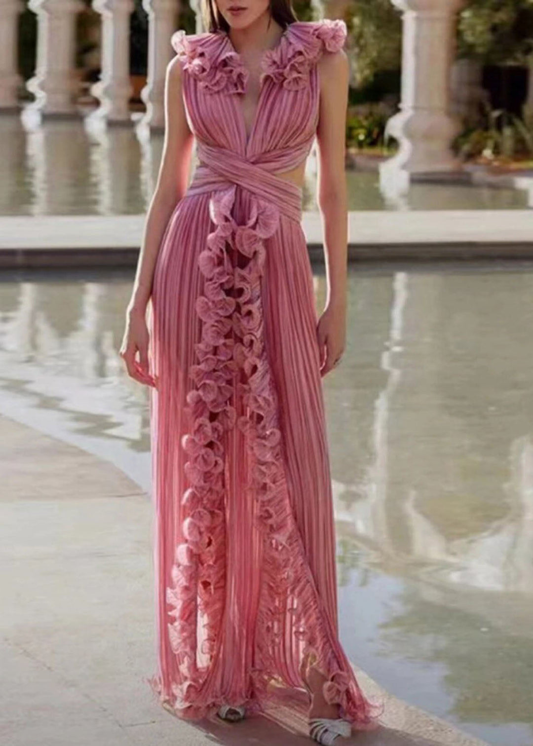 French Pink Ruffled Patchwork Cotton Robe Dresses Summer