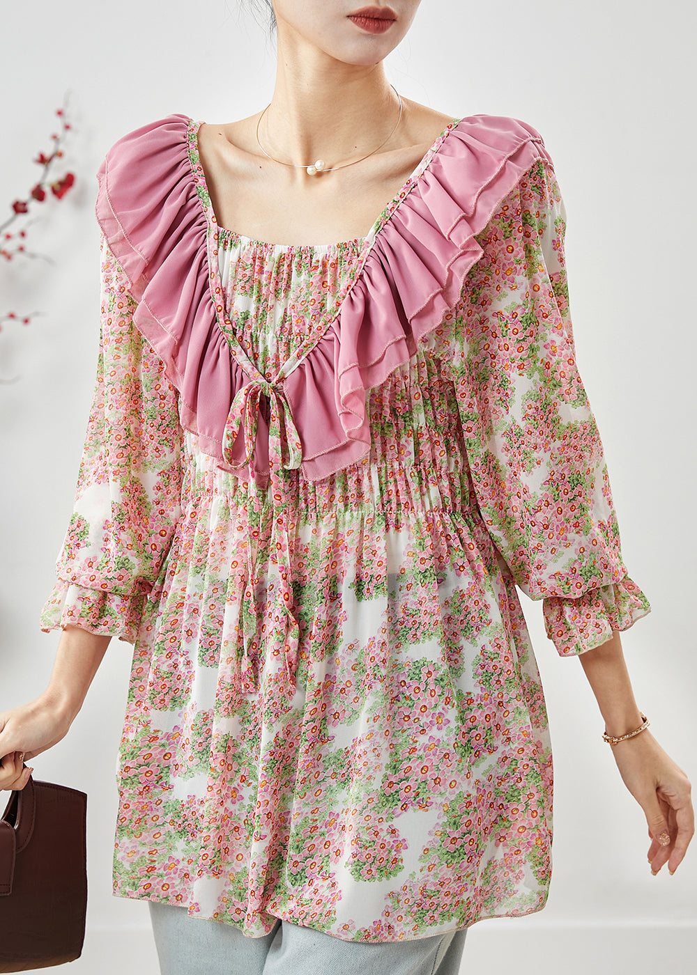 French Pink Ruffled Print Chiffon Shirt Top Spring