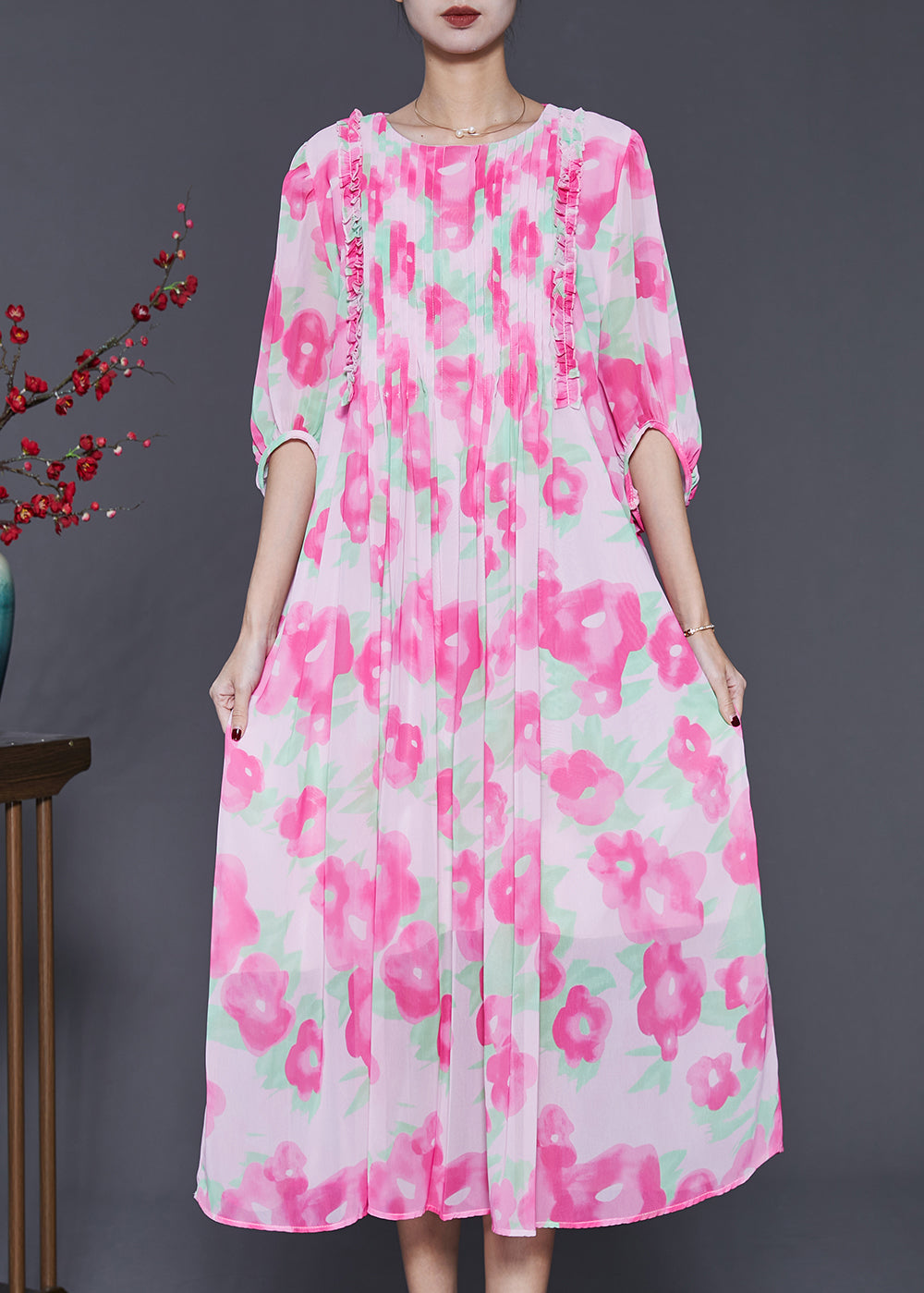 French Pink Ruffled Print Wrinkled Chiffon Long Dress Summer