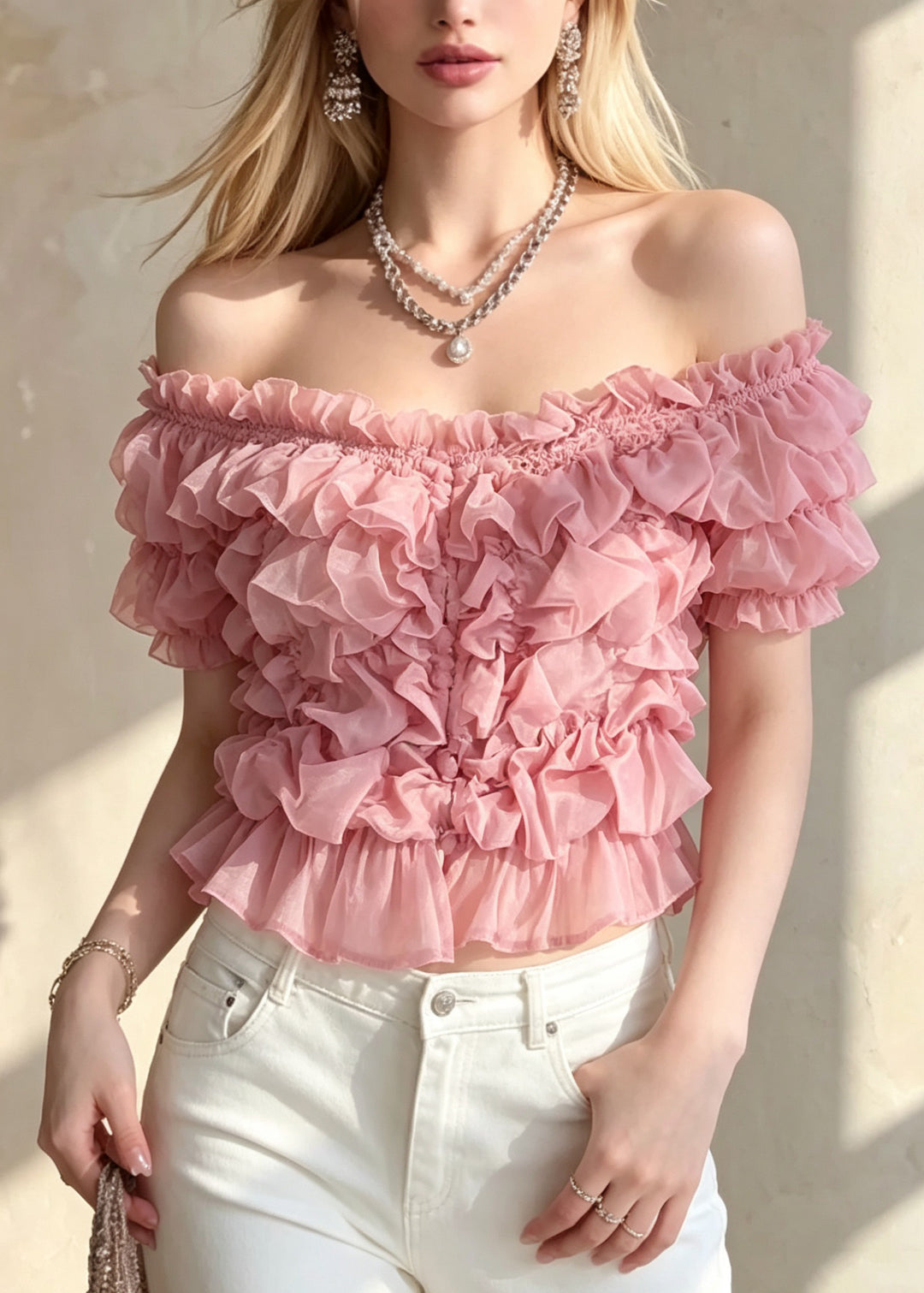 French Pink Ruffled Puff Sleeve Patchwork Cotton Tops