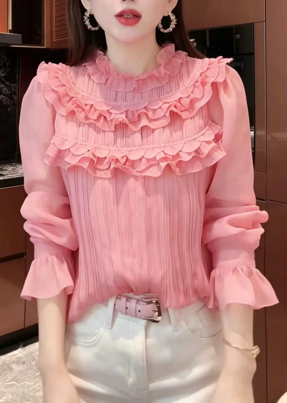 French Pink Ruffled Wrinkled Chiffon Tops Puff Sleeve