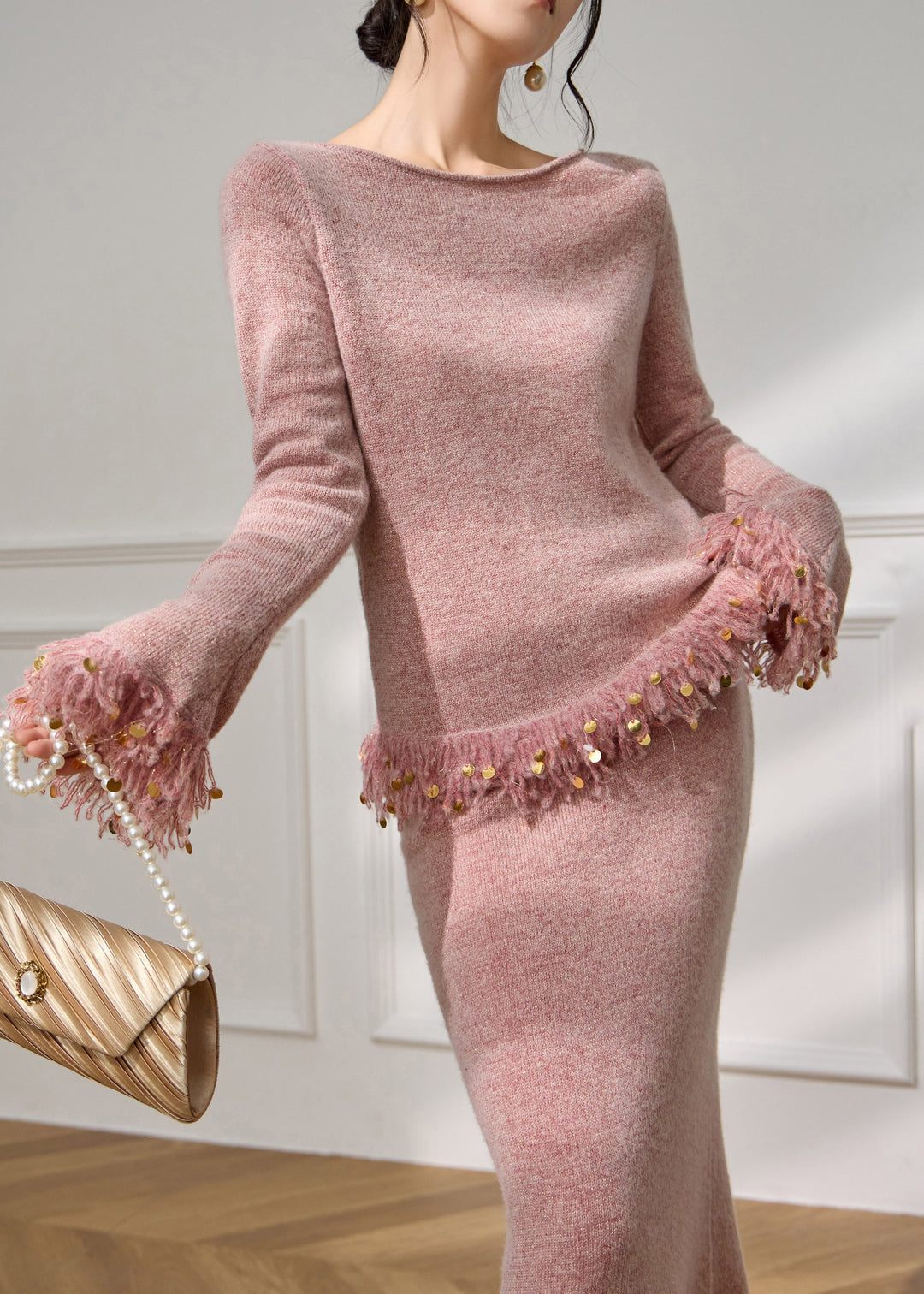 French Pink Sequins Patchwork Tassel Cotton Knit Sweater And Maxi Skirts Two Pieces Set Flare Sleeve