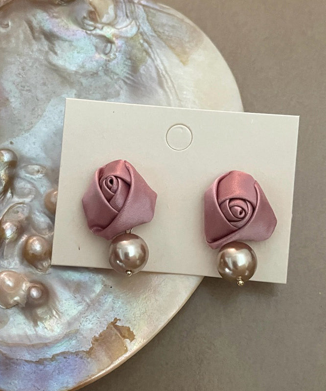 French Pink Silk Rose Pearl Drop Earrings