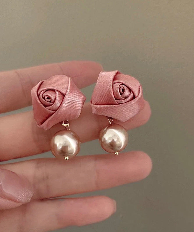 French Pink Silk Rose Pearl Drop Earrings