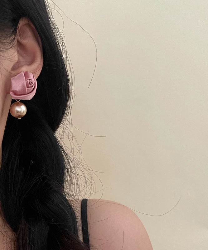 French Pink Silk Rose Pearl Drop Earrings