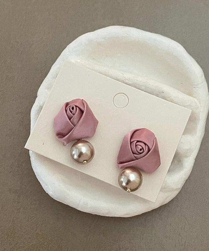 French Pink Silk Rose Pearl Drop Earrings