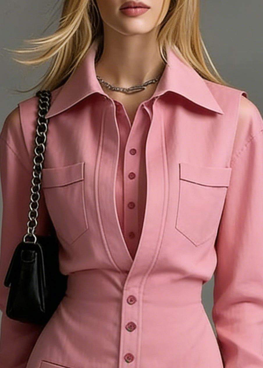 French Pink Silm Fit Cotton Fake Two Piece Tea Dress Spring