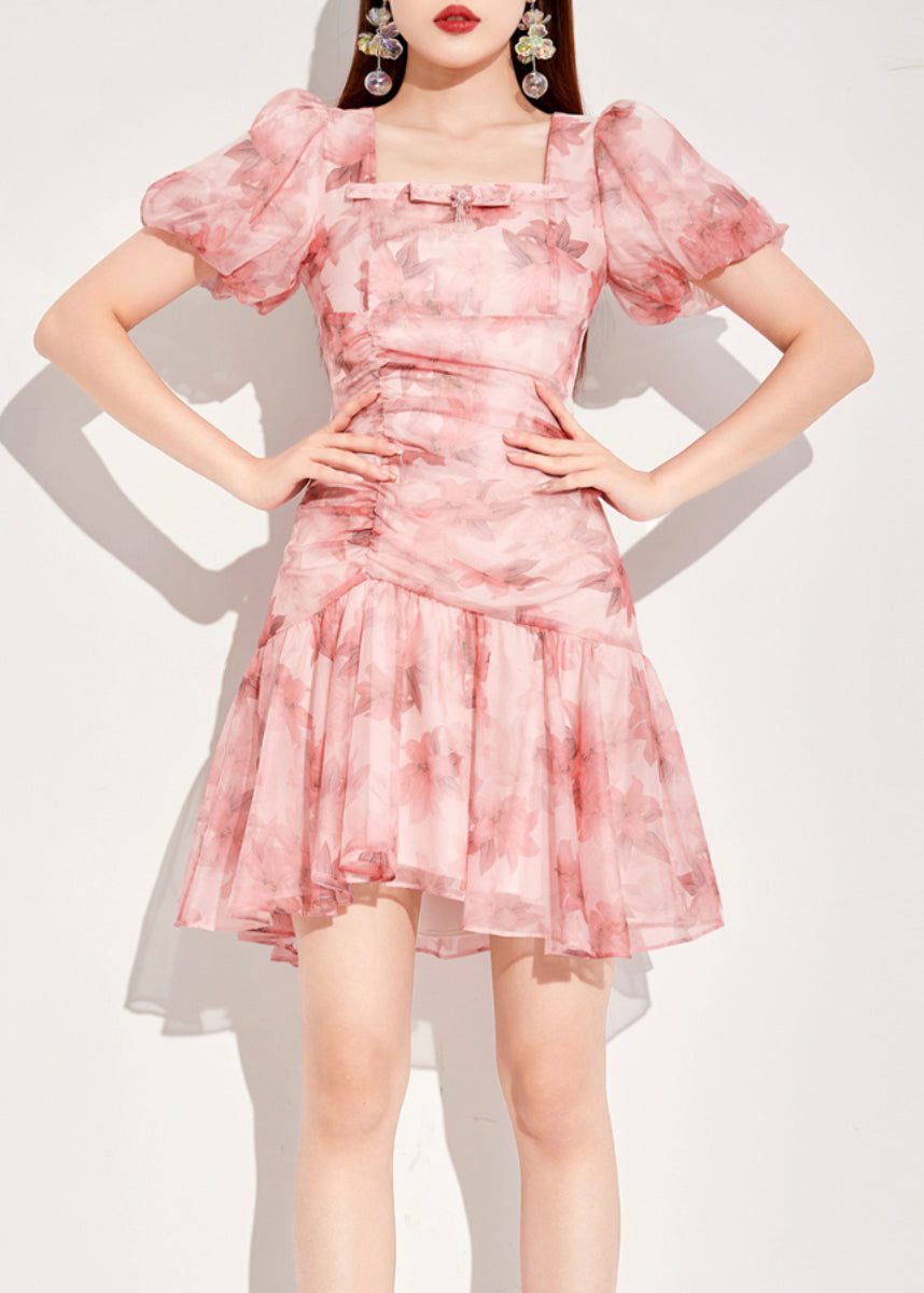 French Pink Square Collar Puff Sleeve Asymmetrical Print Chiffon Dress