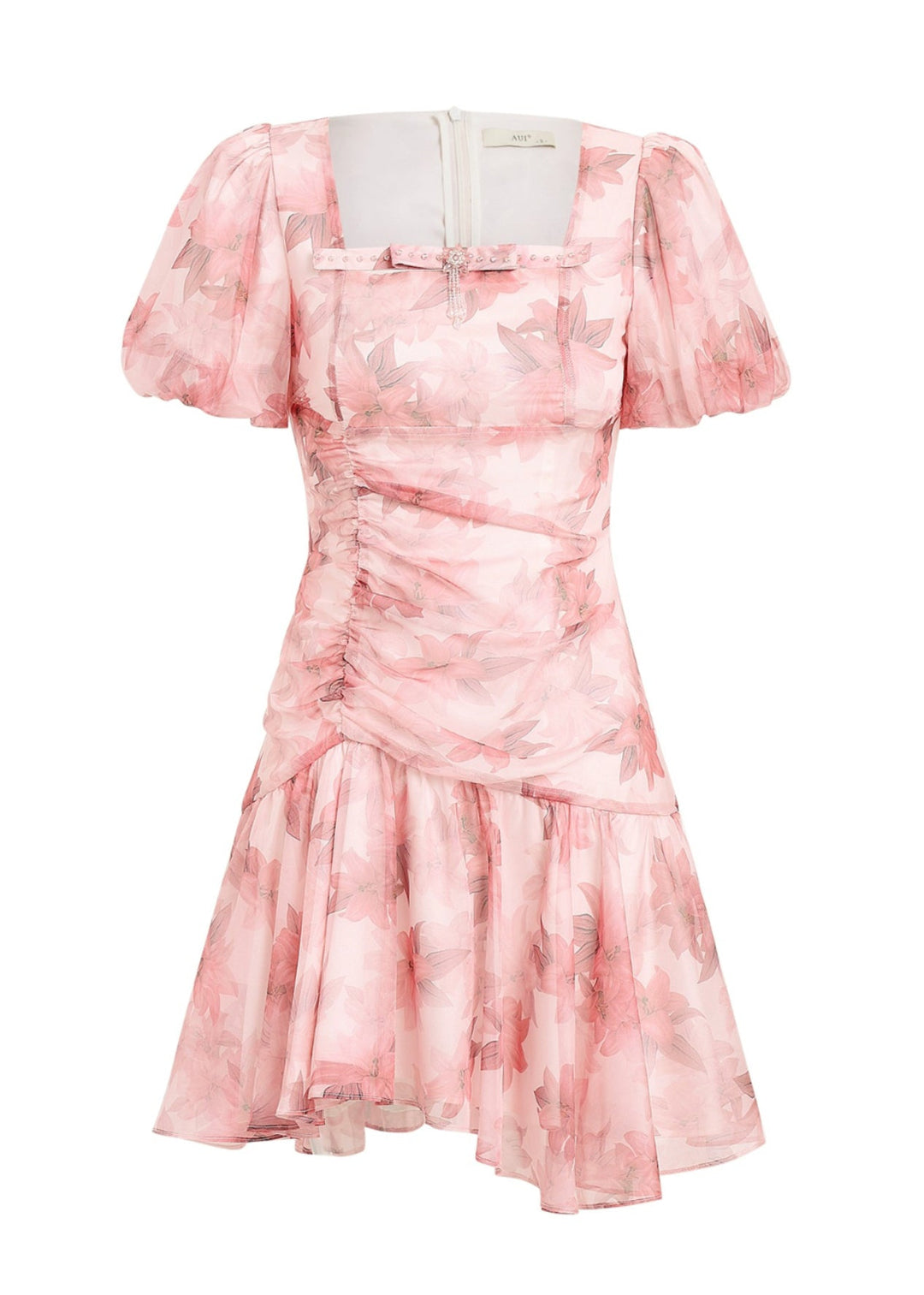 French Pink Square Collar Puff Sleeve Asymmetrical Print Chiffon Dress