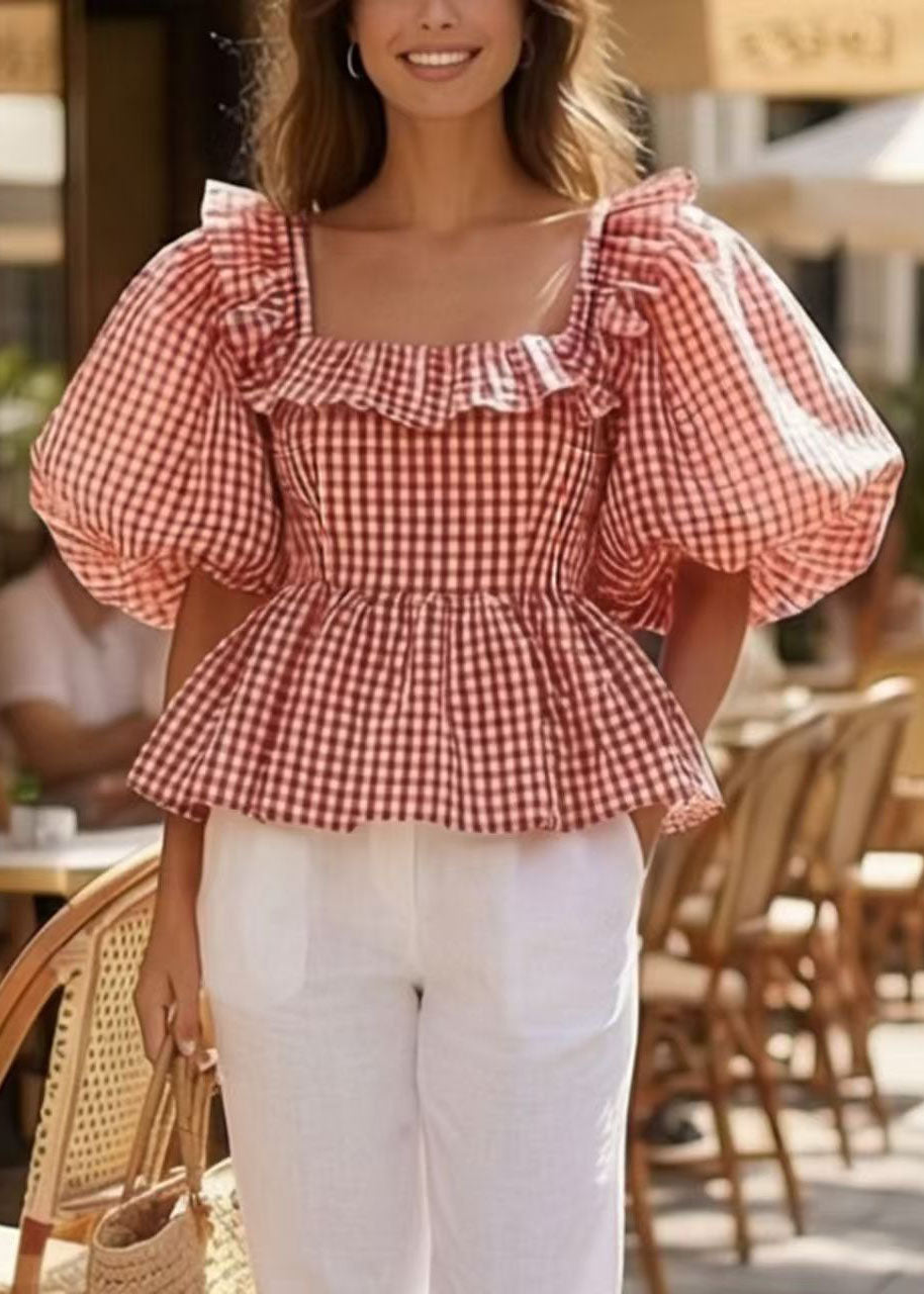 French Pink Square Collar Ruffled Plaid Puff Sleeve Cotton Top